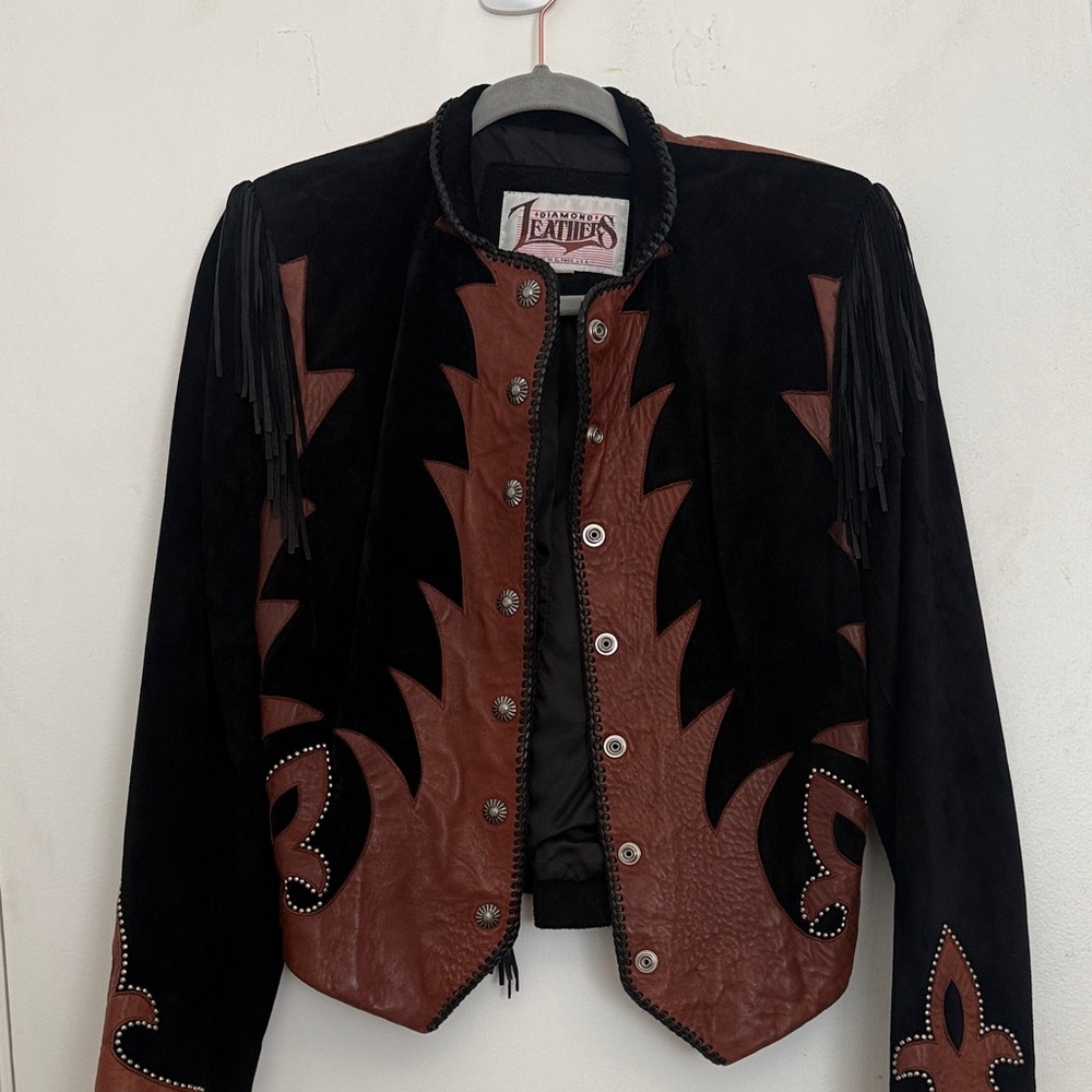 Leather Fringe Contrast Jacket in Black & Brown by Diamond Leathers